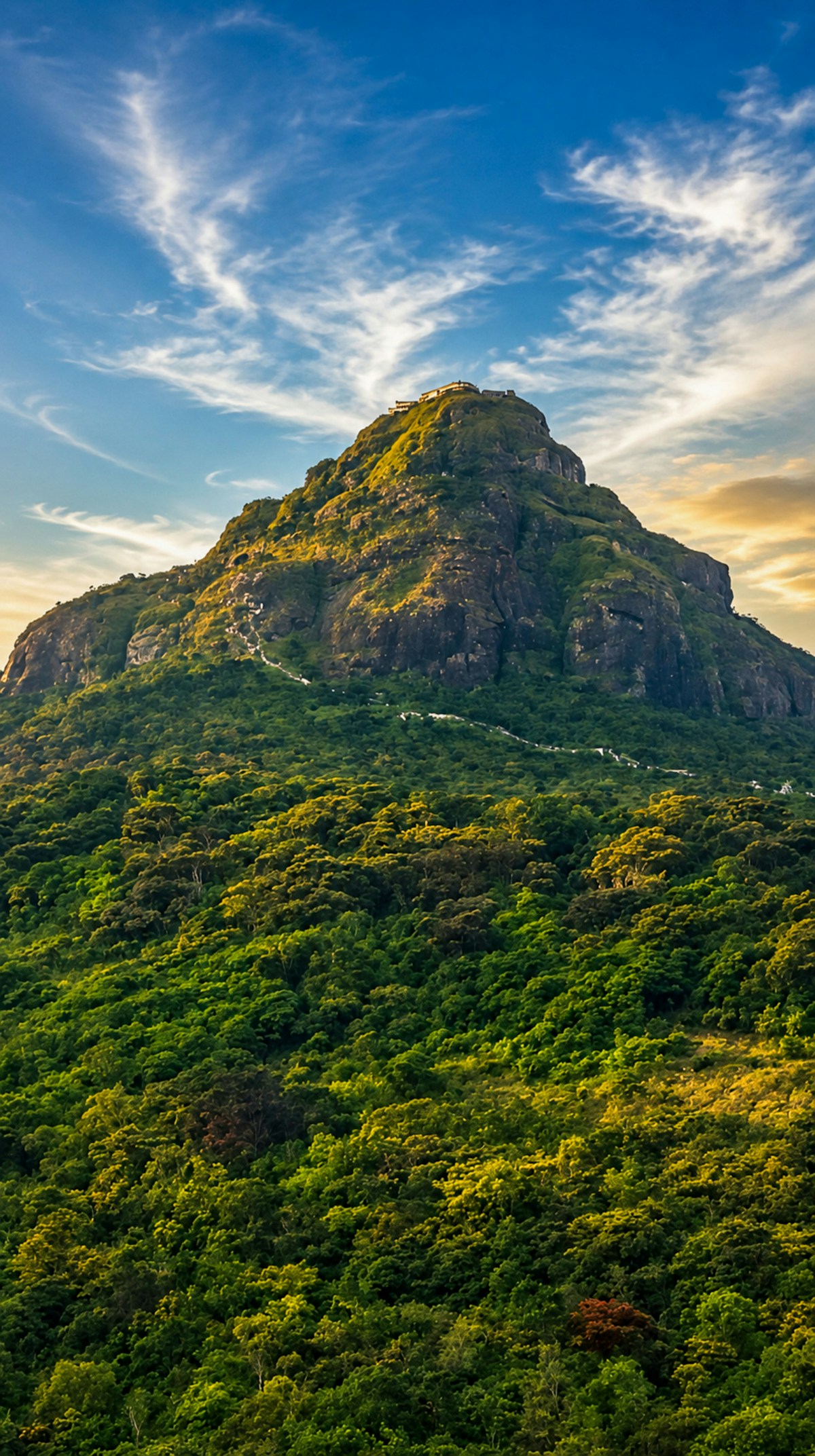 Adam's Peak (Sri Pada) rising above green jungle at sunset, Nallathanniya, Sri Lanka