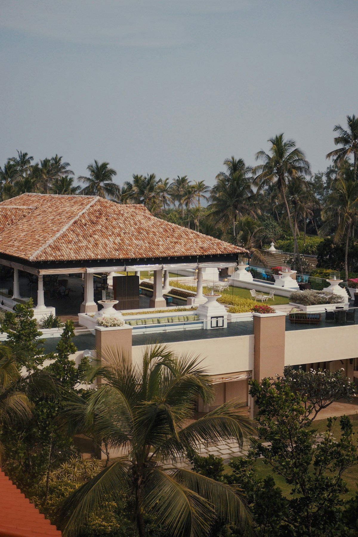 Colonial resort with palm trees and terracotta roof, Sri Lanka