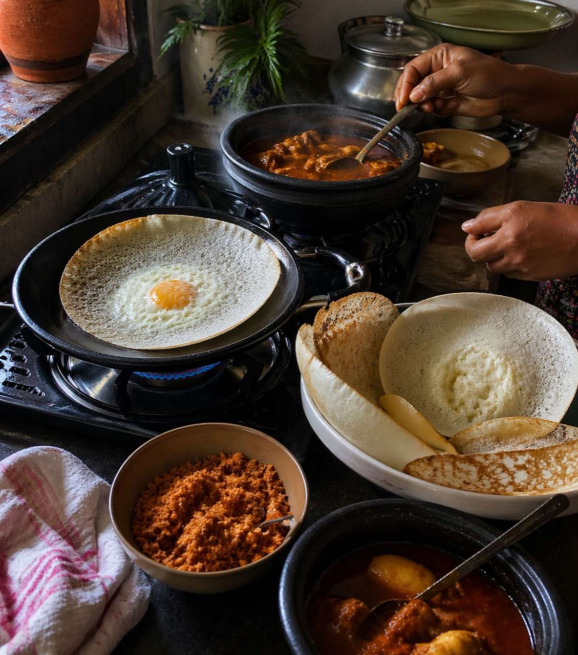 Traditional Sri Lankan appam and curry preparation - Batticaloa food guide