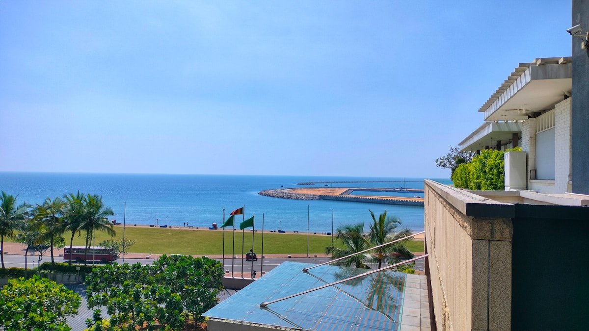 View from a hotel balcony over Colombo waterfront and Indian Ocean, Sri Lanka