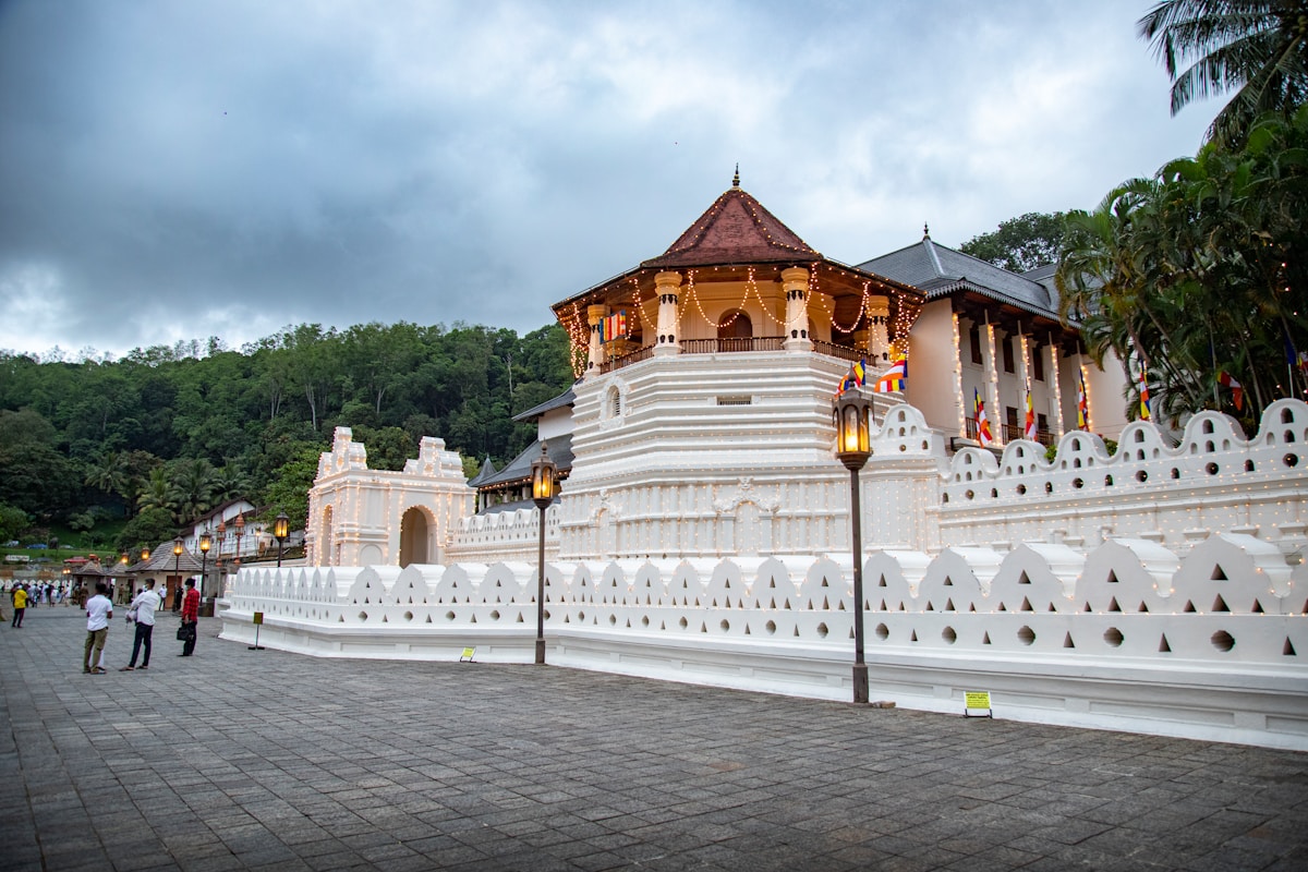 Golden Temple of Dambulla with painted Buddha statues inside cave shrines, Sri Lanka