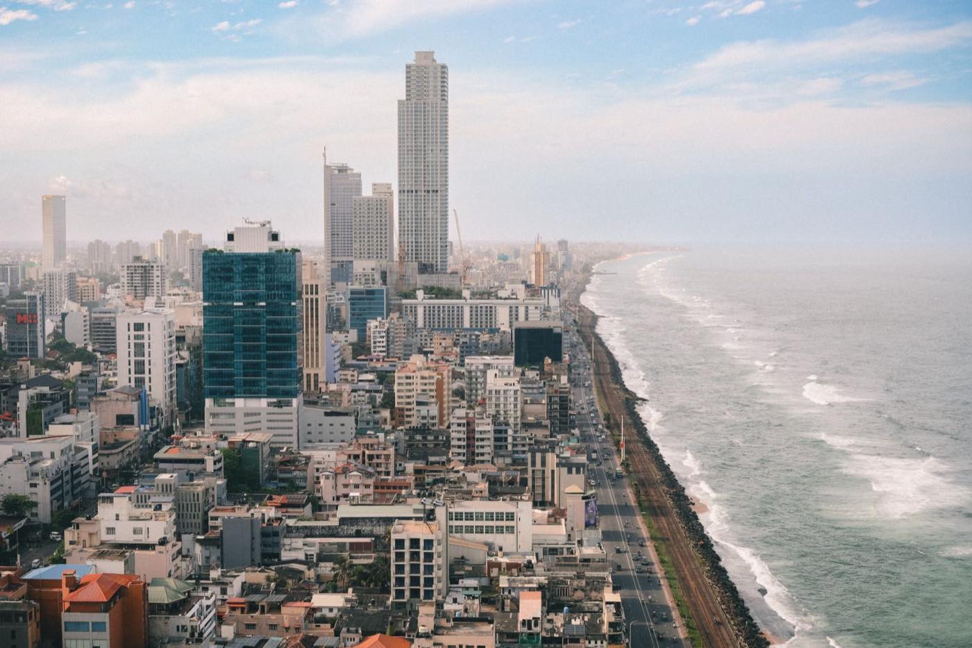 Aerial view of Colombo skyline and the Galle Road coastline in Sri Lanka