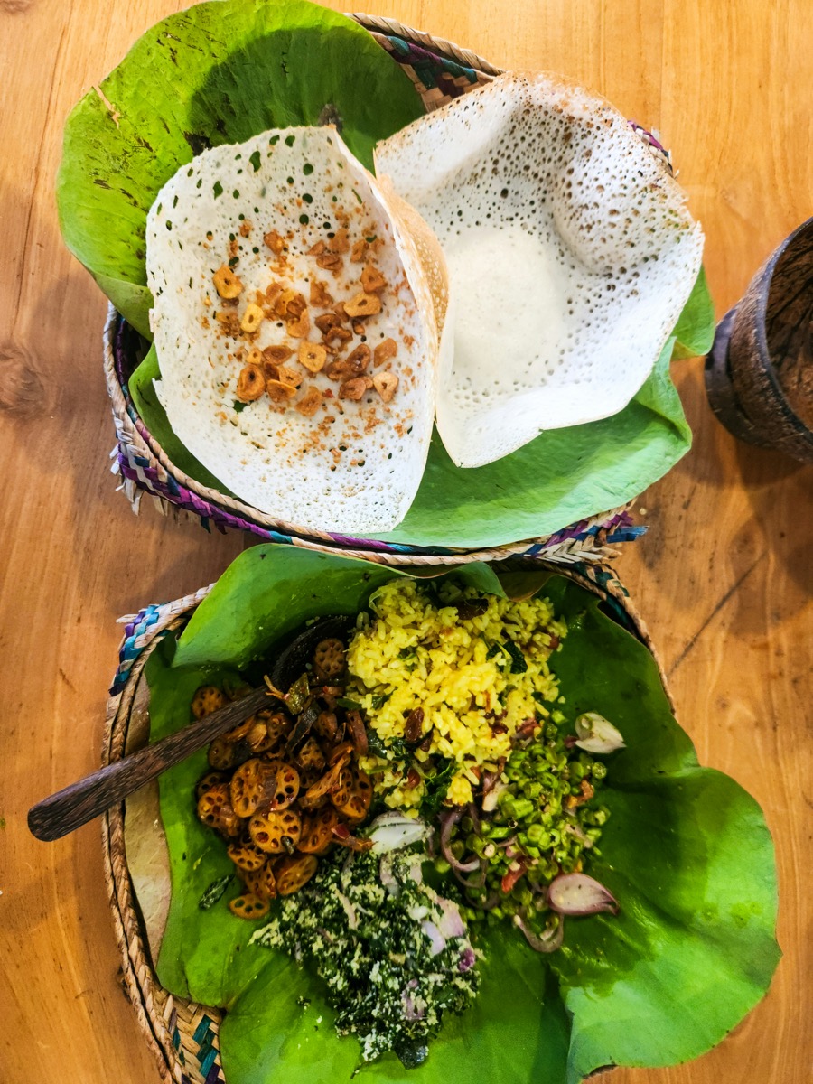 Sri Lankan hoppers and curries served on banana leaves, Colombo