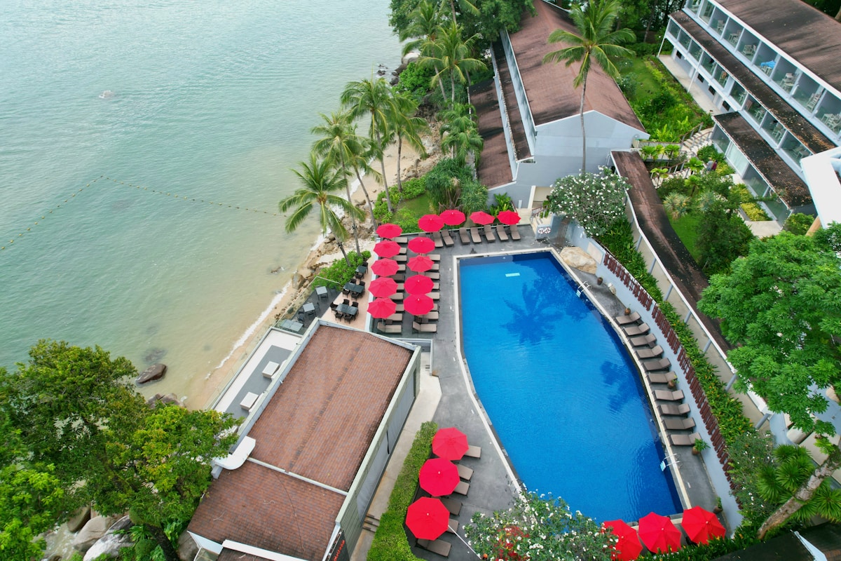 Beachside resort pool with loungers and palm trees, Kalpitiya, Sri Lanka