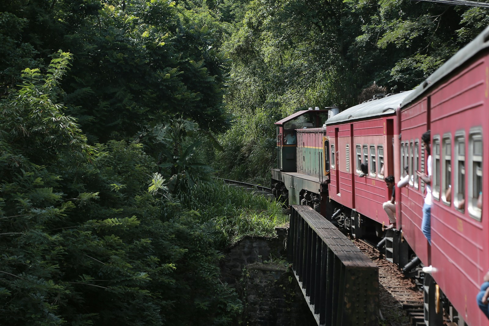 Red Sri Lankan train travelling through lush green forest near Kandy
