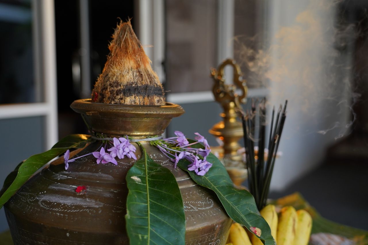 Decorated Pongal pot with coconut, mango leaves and incense, Sri Lanka