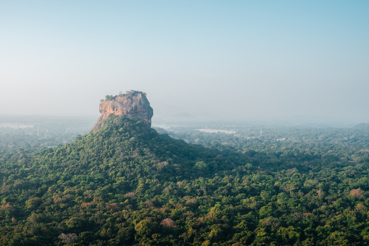 Aerial view of Sigiriya rock fortress rising above the Sri Lanka jungle