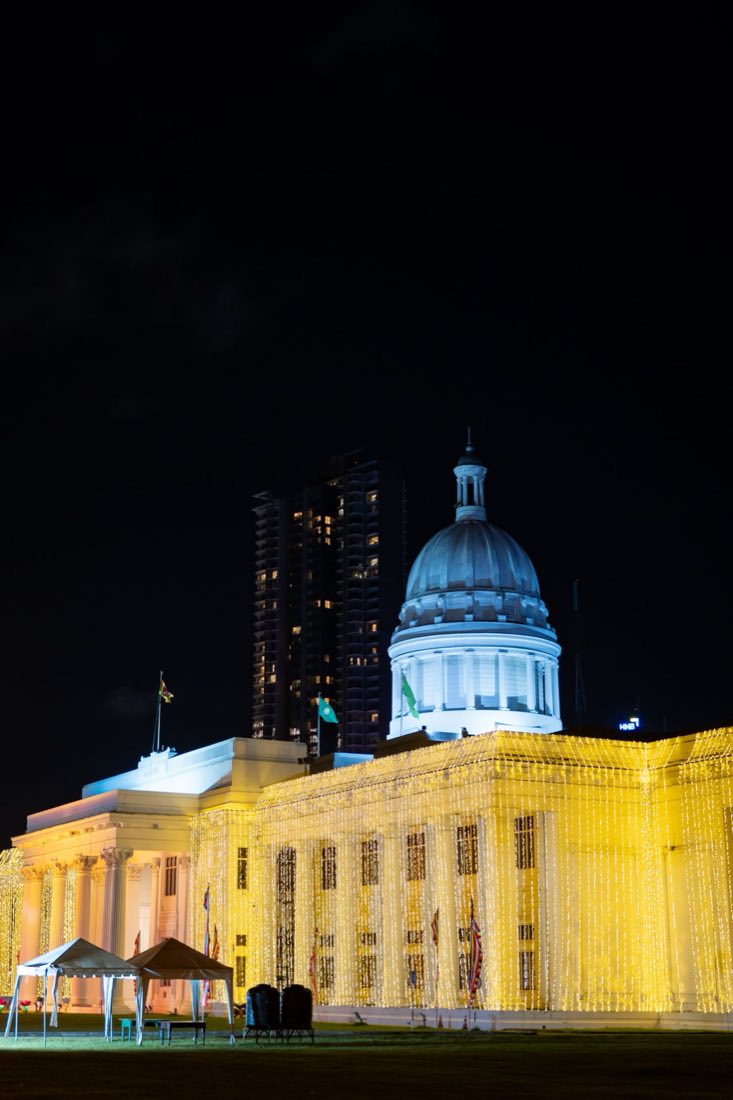Colombo Town Hall covered in festive fairy lights at night