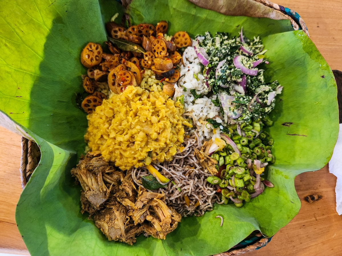 Rice and curry served at a local guesthouse near Polonnaruwa, Sri Lanka