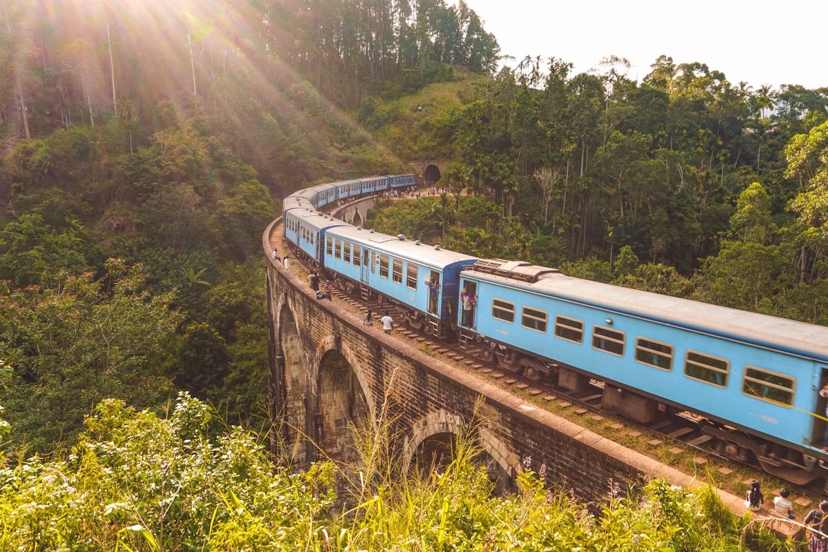 Scenic train passing through tea country between Kandy and Ella, Sri Lanka