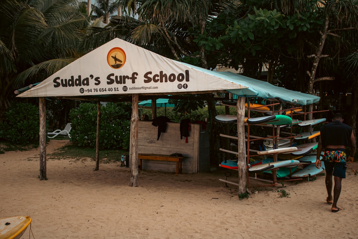 Surfboards arranged at a surf school on the beach, Weligama, Sri Lanka